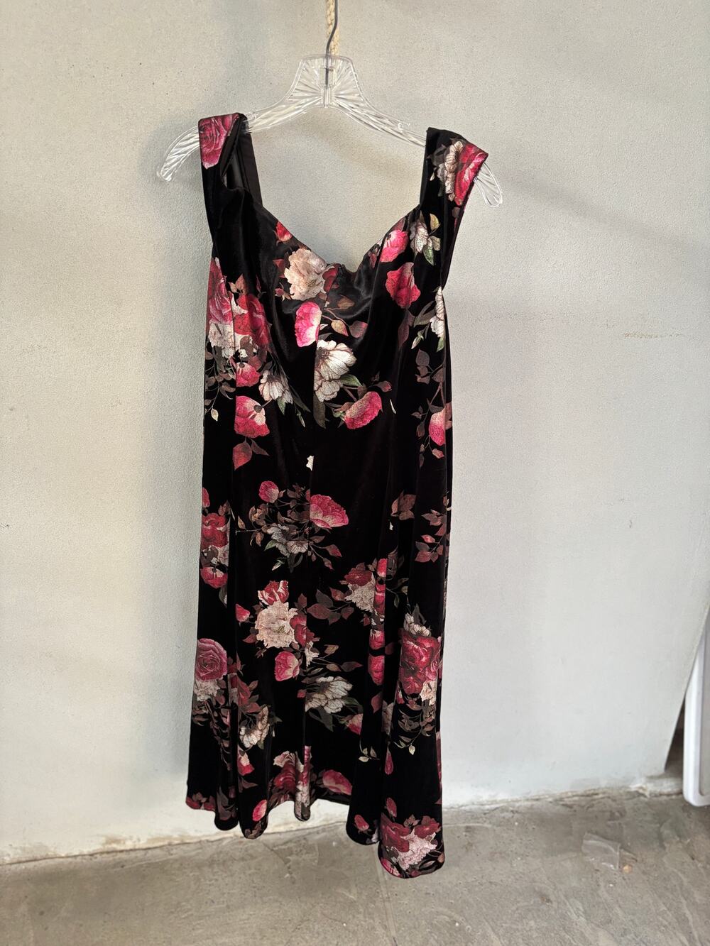 Adrianna Papell Off the Shoulder Black Velvet Cocktail Dress with Pink Florals